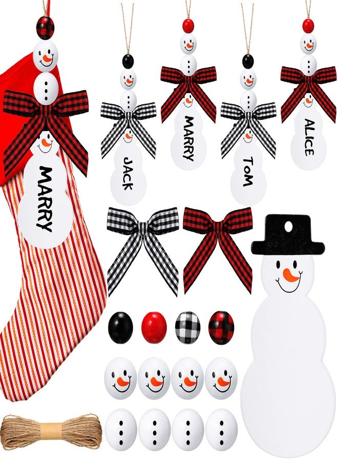 Vicenpal 12 Pcs Christmas Stocking Name Tags Unfinished Wooden Stocking Hanging Tags with Wood Beads Buffalo Plaid Bows for Xmas Home Farmhouse Decor - Image 1